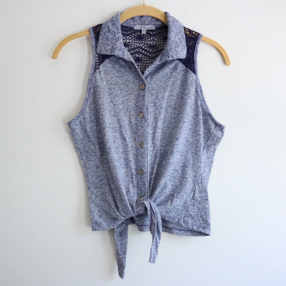 Charlotte Russe Blue Sleeveless Buttoned Tie Up Tank - Picture 1 of 7